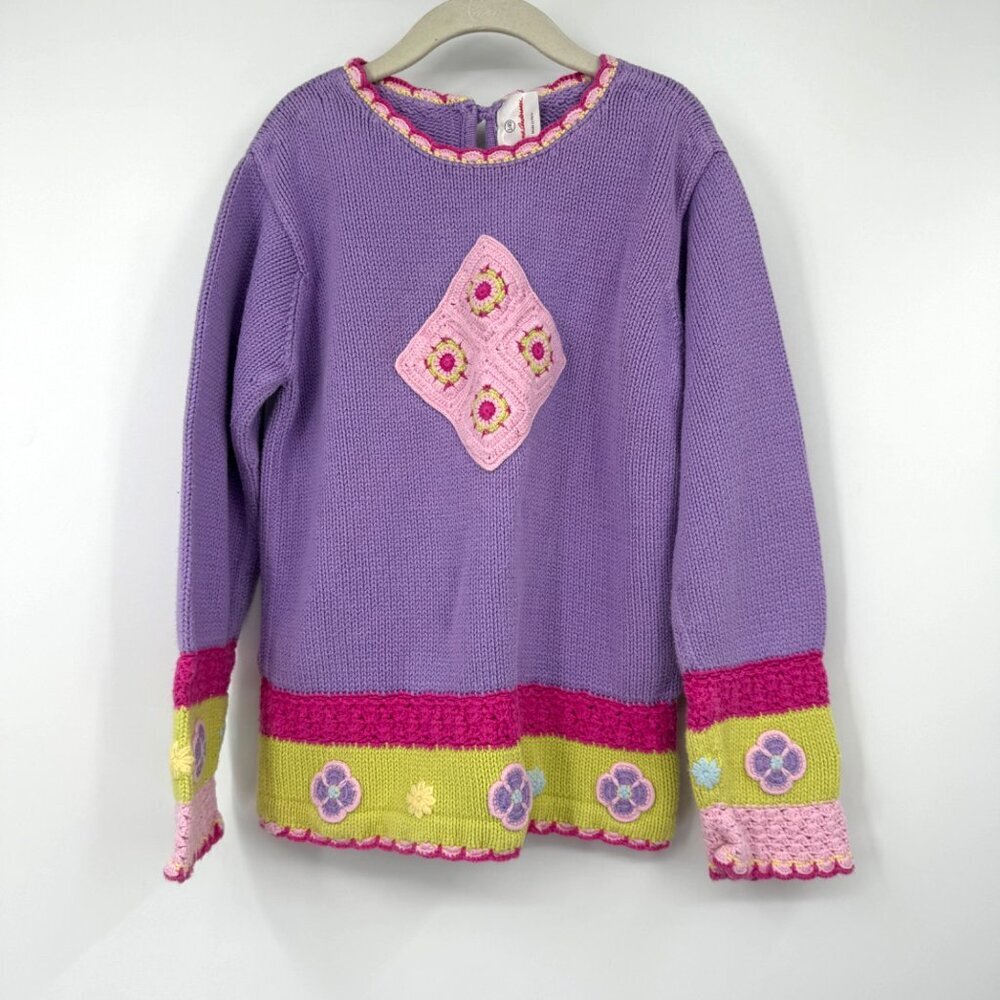 Hanna Andersson Spring Sweater 140 US 10 Purple Pink Crochet Flowers Scallops bo